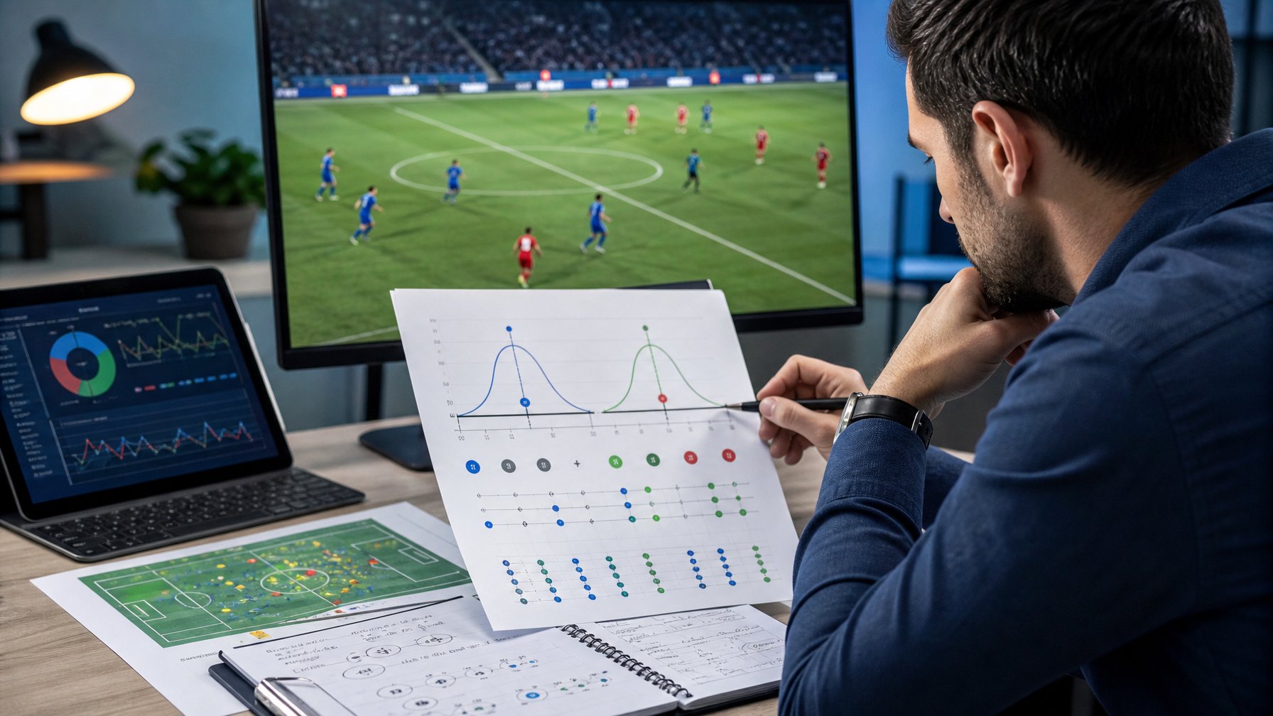 Analis sedang mempelajari statistik pertandingan sepak bola dan diagram analisis di ruang kerja modern.