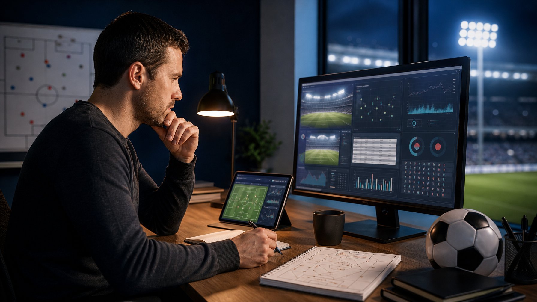 Analis olahraga mempelajari statistik dan pertandingan sepak bola di meja kerja pada malam hari.