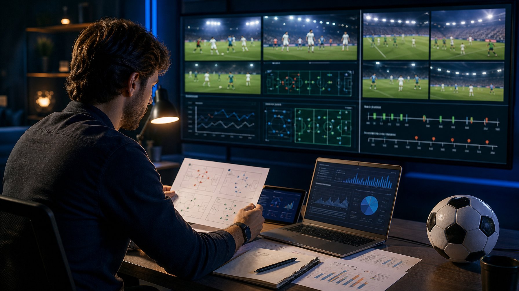 Seorang analis mempelajari pertandingan sepak bola malam hari dengan layar taktik dan data abstrak di ruang kerja modern.