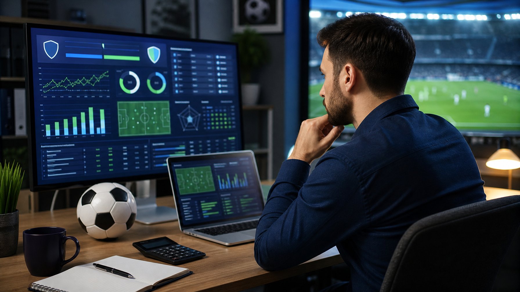 Seorang analis mempelajari statistik pertandingan sepak bola di meja kerja dengan monitor berisi grafik dan sebuah bola.