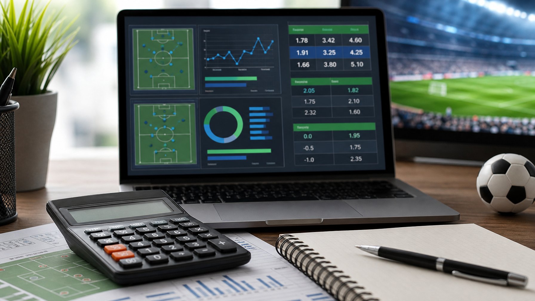 Meja kerja dengan laptop berisi grafik statistik sepak bola, kalkulator, dan perlengkapan pencatatan.
