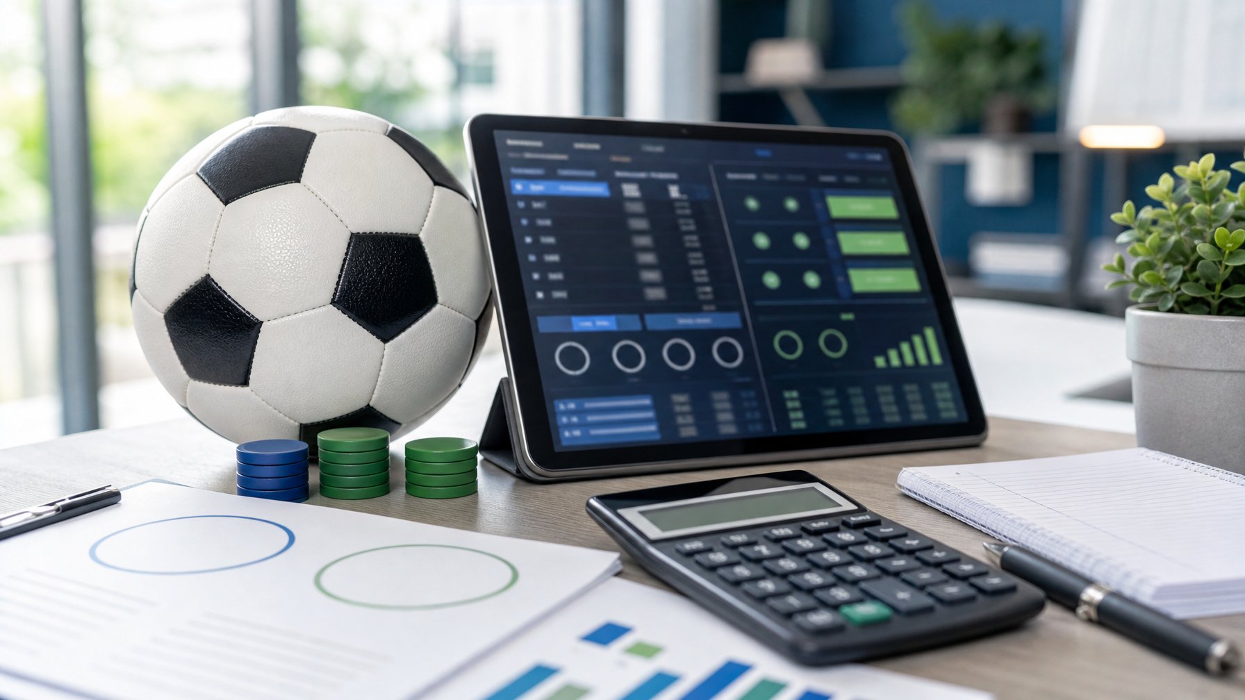 Bola sepak, kalkulator, dan tablet dengan tampilan data abstrak tersusun di atas meja kerja.