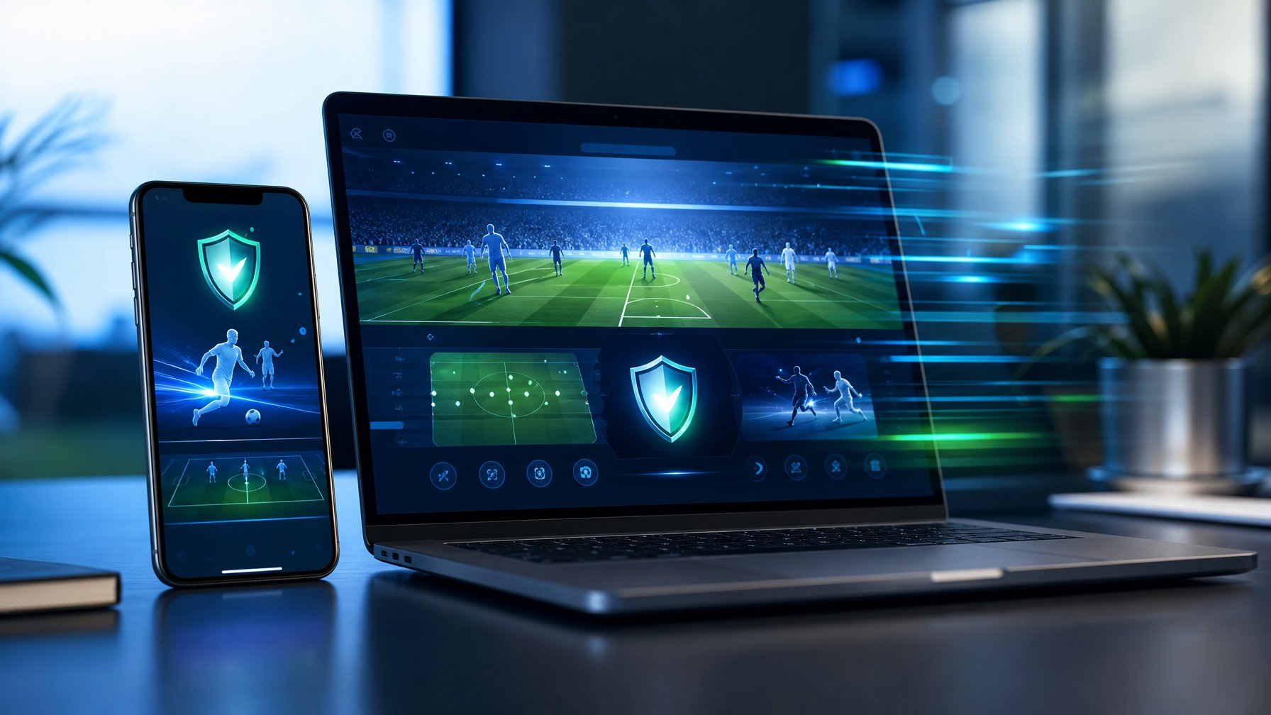 Ponsel dan laptop menampilkan antarmuka abstrak pertandingan sepak bola dengan ikon perisai di meja kantor modern.