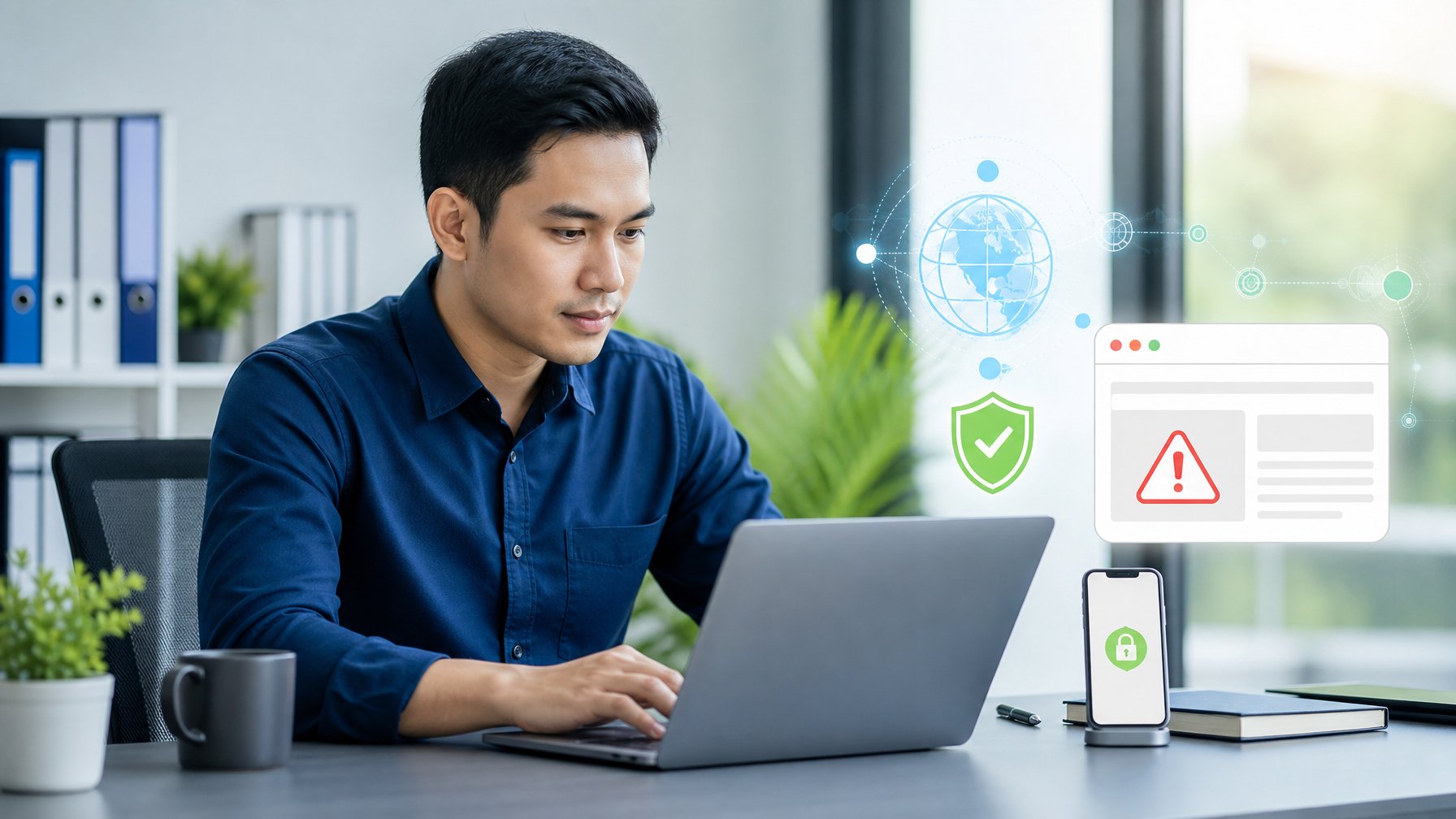 Seorang profesional memeriksa laptop dan ponsel dengan simbol keamanan serta tanda akses situs yang diblokir.