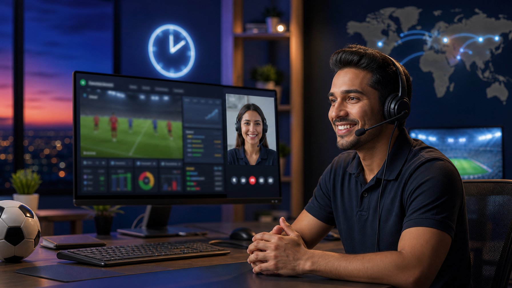 Perwakilan layanan pelanggan memakai headset membantu pengguna melalui layar digital dengan suasana bertema sepak bola.