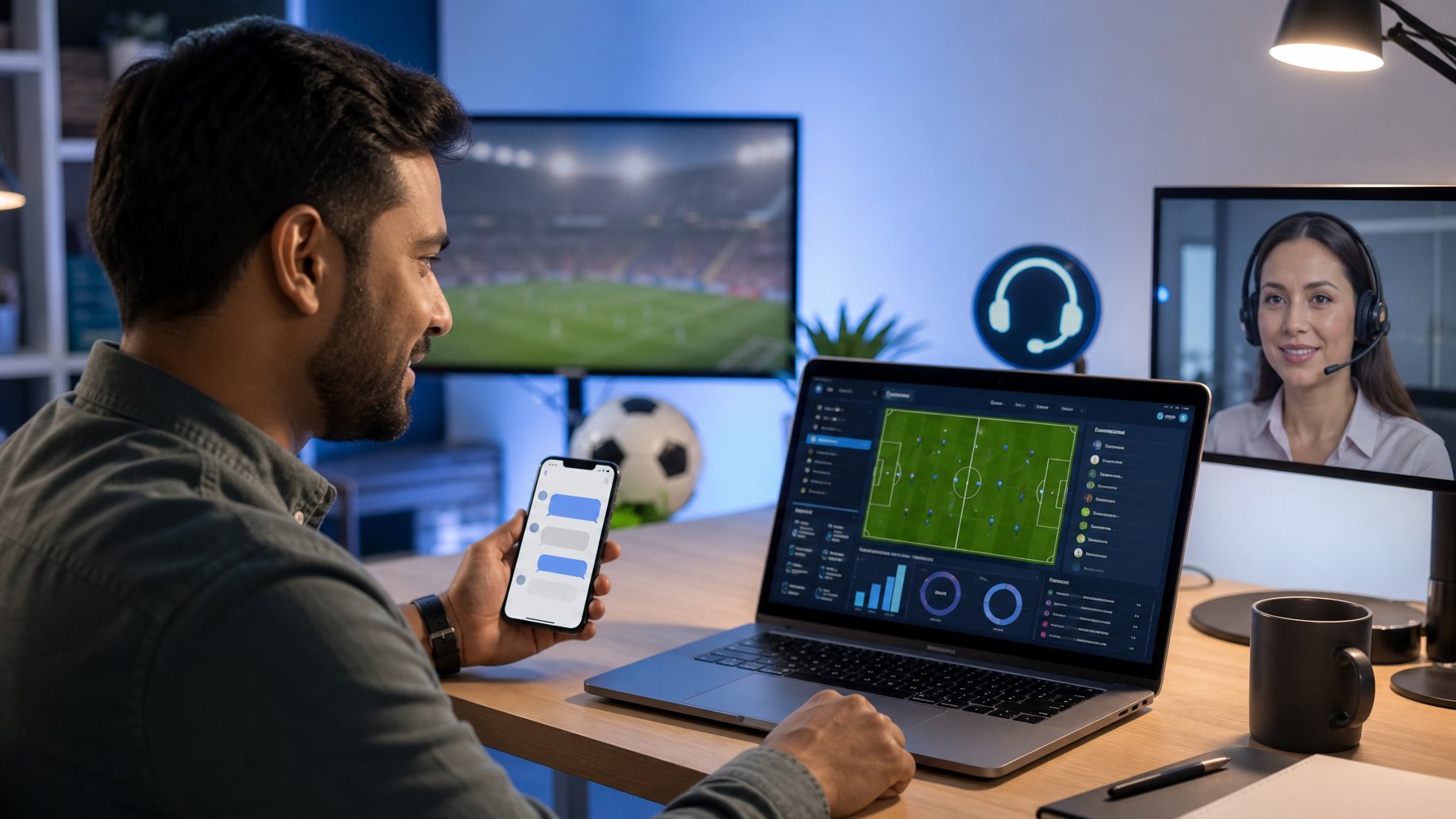 Seorang pengguna melihat informasi pertandingan sepak bola di laptop sambil terhubung dengan layanan bantuan melalui ponsel.