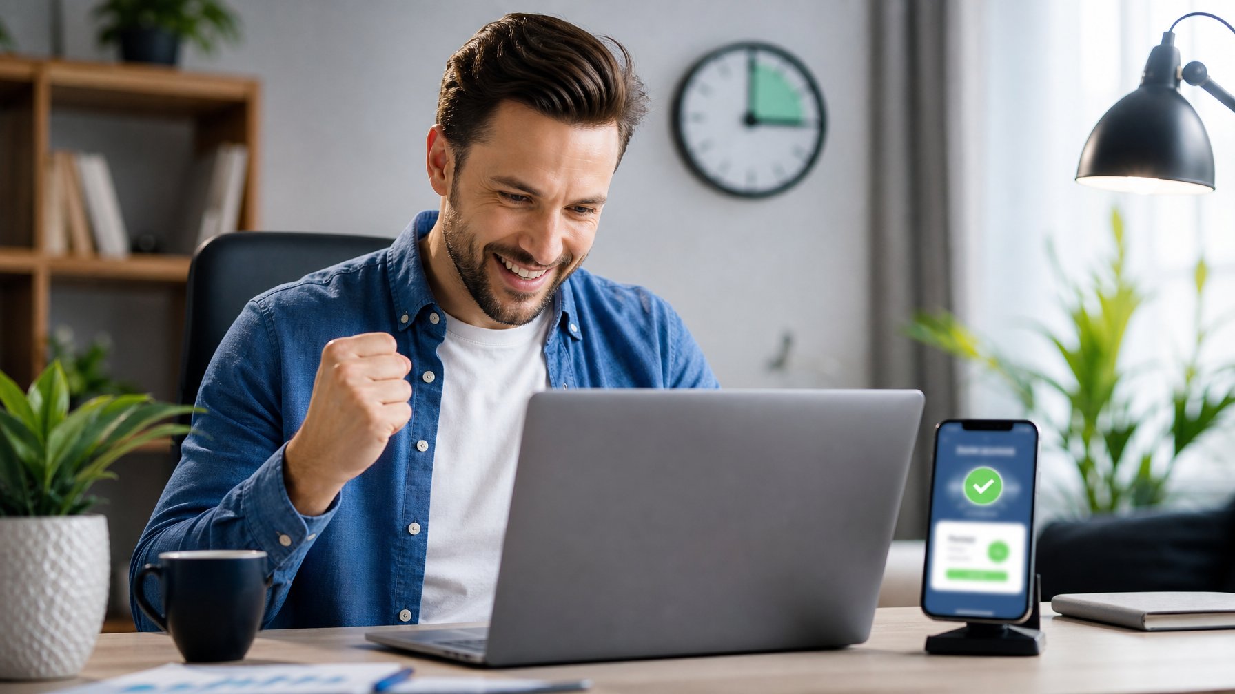 Seseorang menyelesaikan proses penarikan dana secara online dengan laptop dan ponsel di meja kerja.