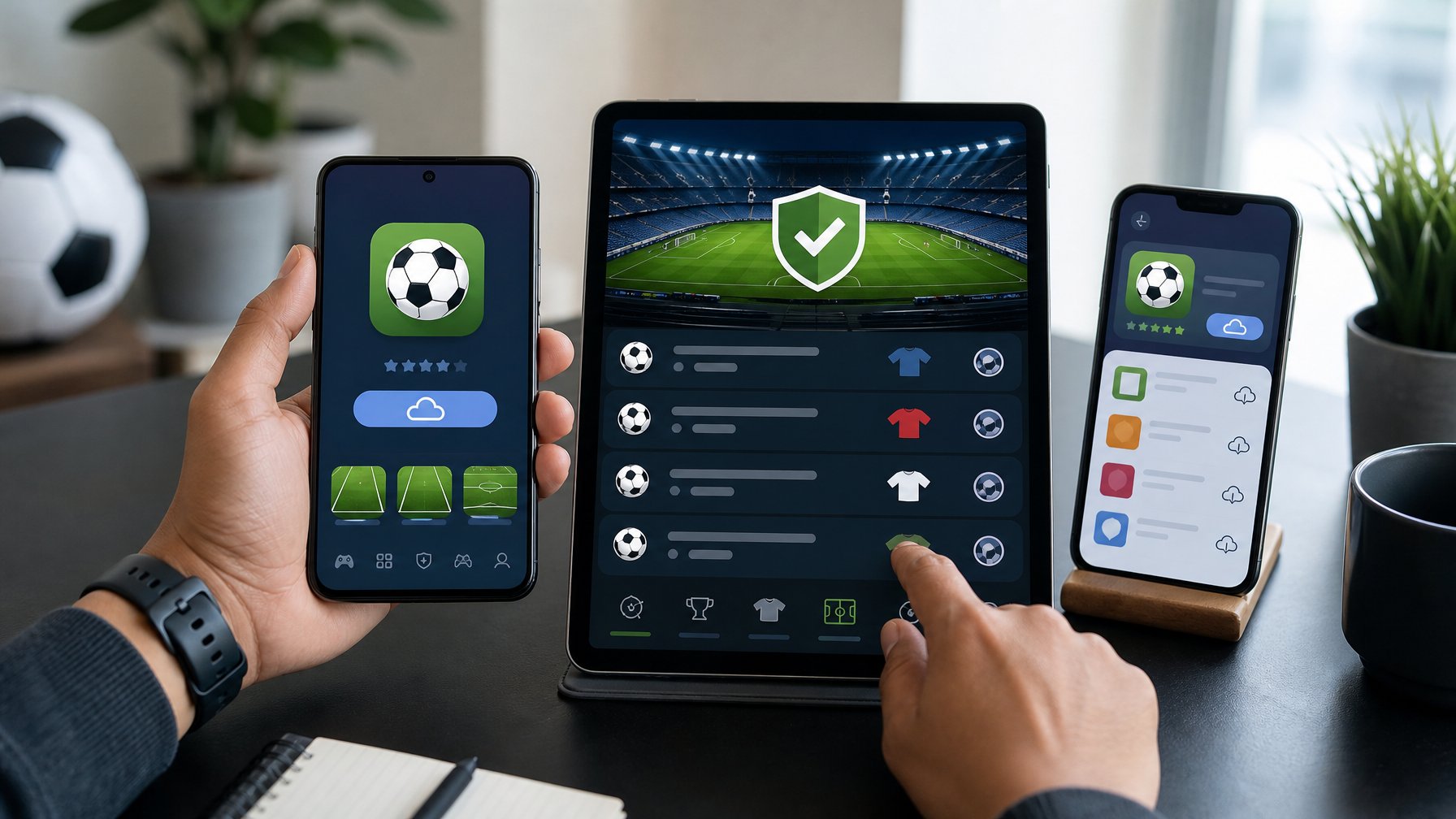 Tangan pengguna mengunduh aplikasi sepak bola resmi pada ponsel dan tablet.