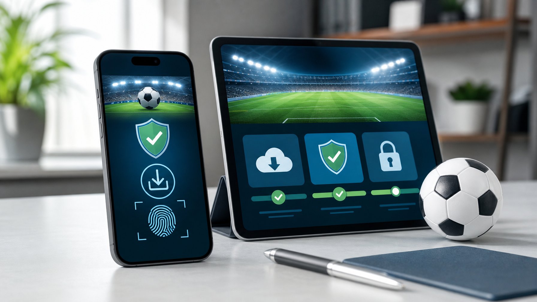 Ponsel dan tablet menampilkan aplikasi sepak bola dengan simbol keamanan dan verifikasi.