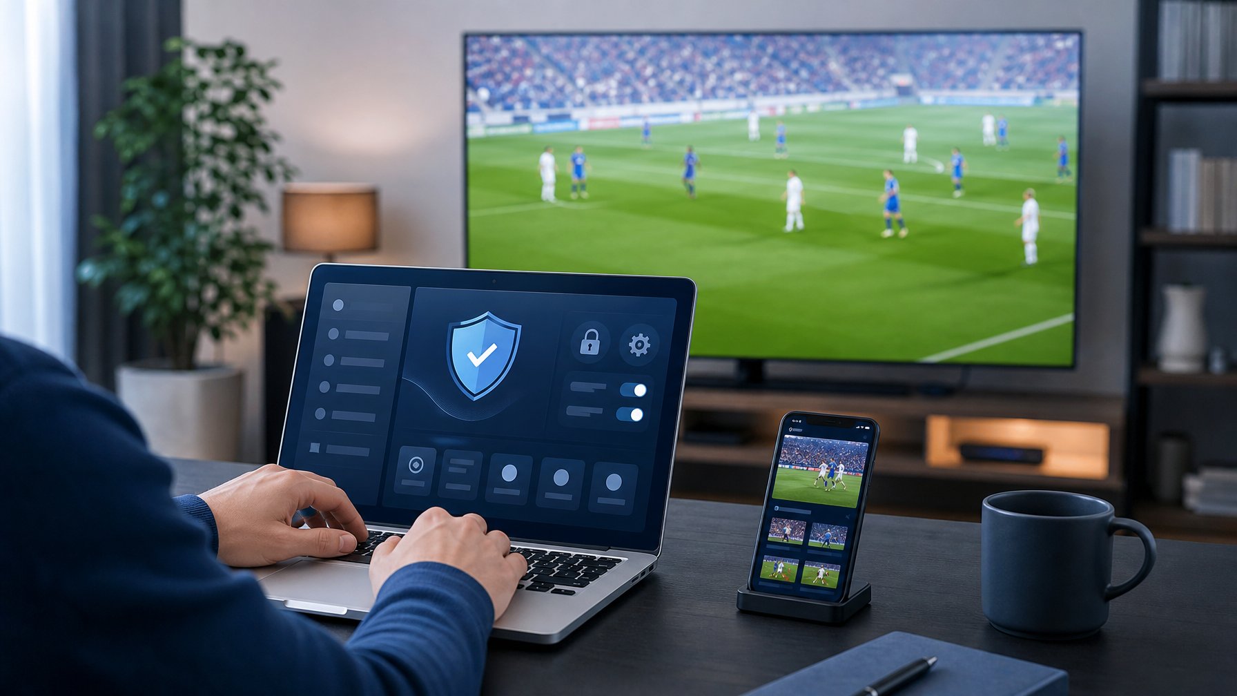 Seseorang memeriksa keamanan platform streaming pertandingan sepak bola melalui laptop, dengan layar televisi menampilkan pertandingan secara langsung.