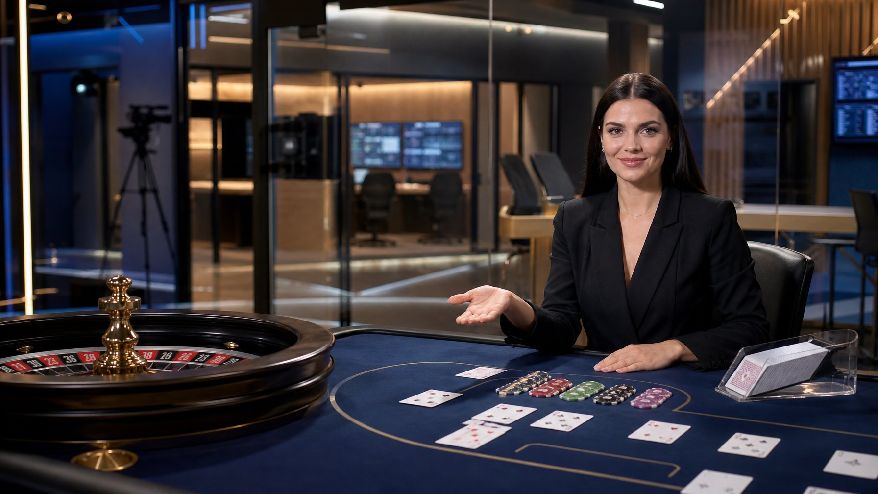Dealer profesional memandu permainan roulette di studio casino online modern dengan meja permainan dan perlengkapan keamanan.