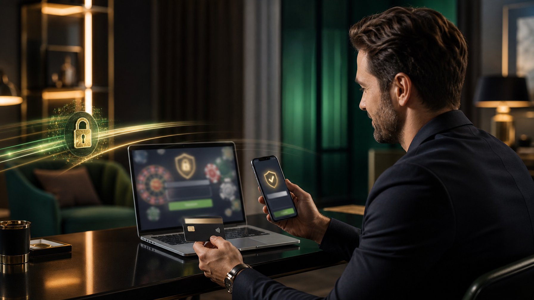 Orang dewasa menggunakan laptop dan ponsel di ruang permainan modern dengan simbol keamanan digital dan elemen kasino abstrak.