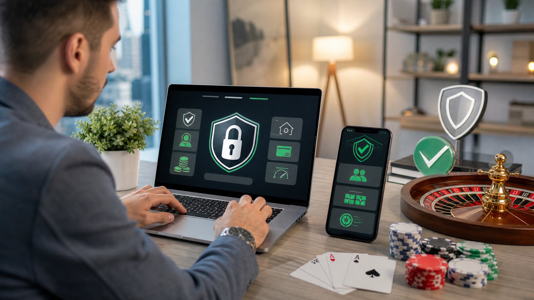 Seseorang memeriksa platform kasino daring yang aman di laptop dengan simbol gembok, perisai, dan pembayaran digital.