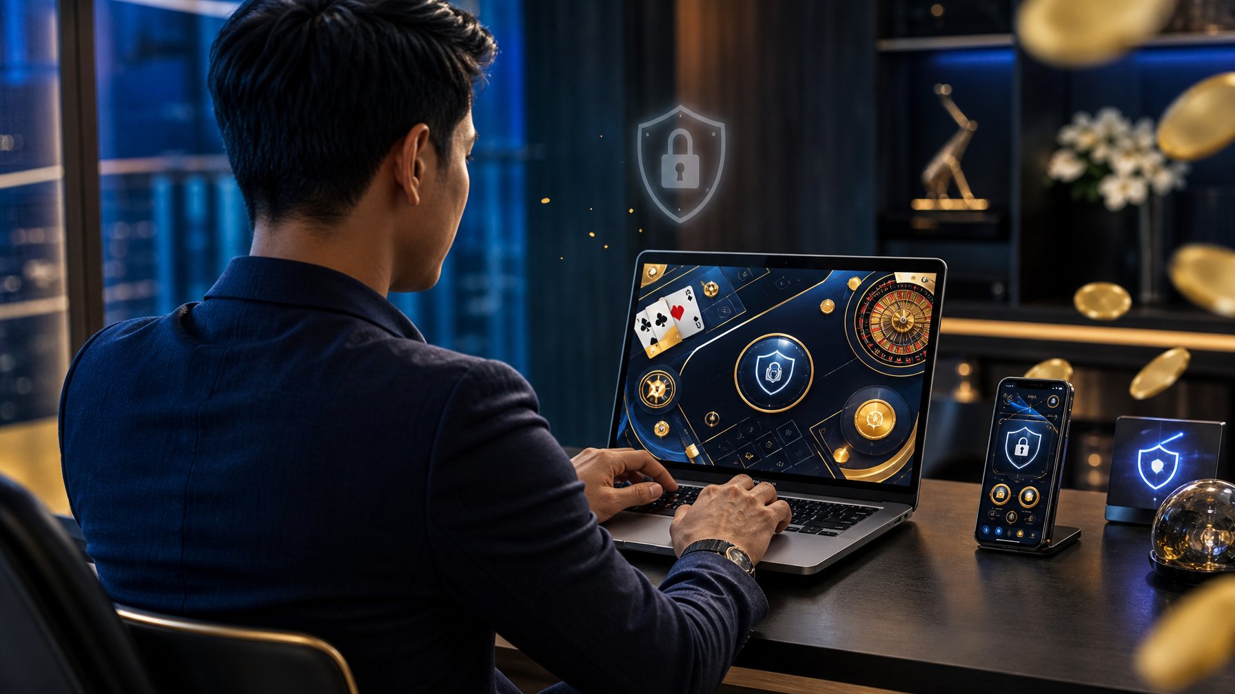 Seseorang menggunakan laptop dan ponsel dengan tampilan platform hiburan digital yang aman di meja modern.