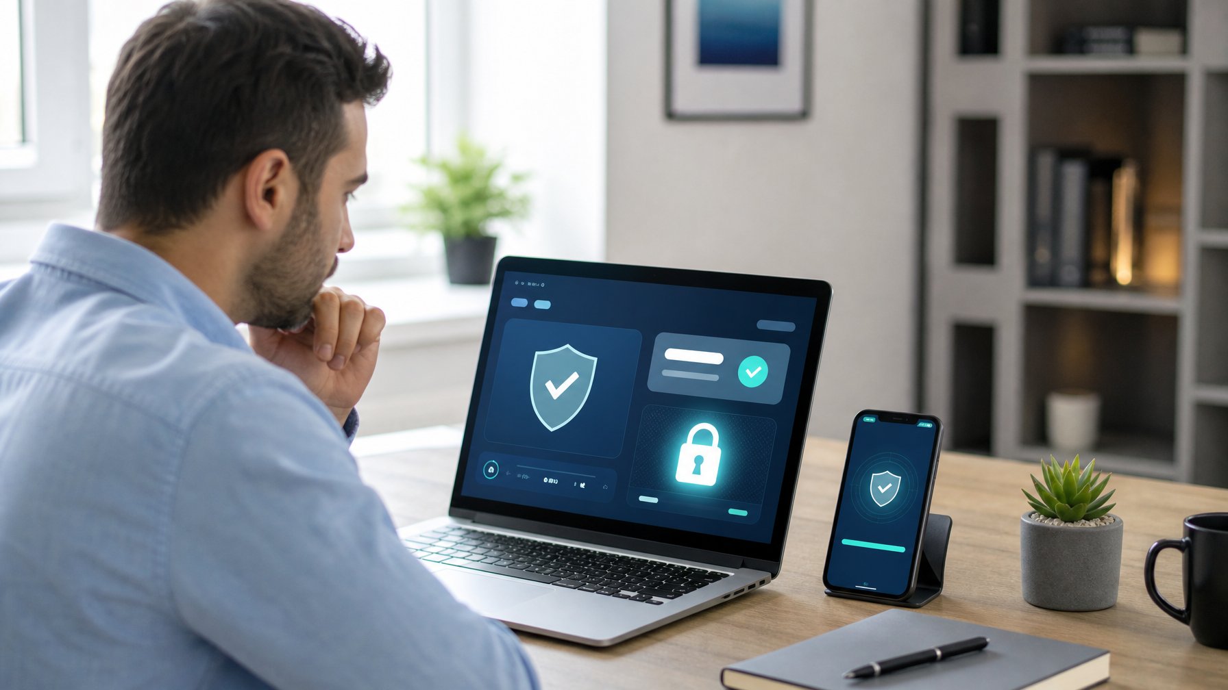Seseorang memeriksa akses internet aman di laptop dengan simbol perisai dan gembok.