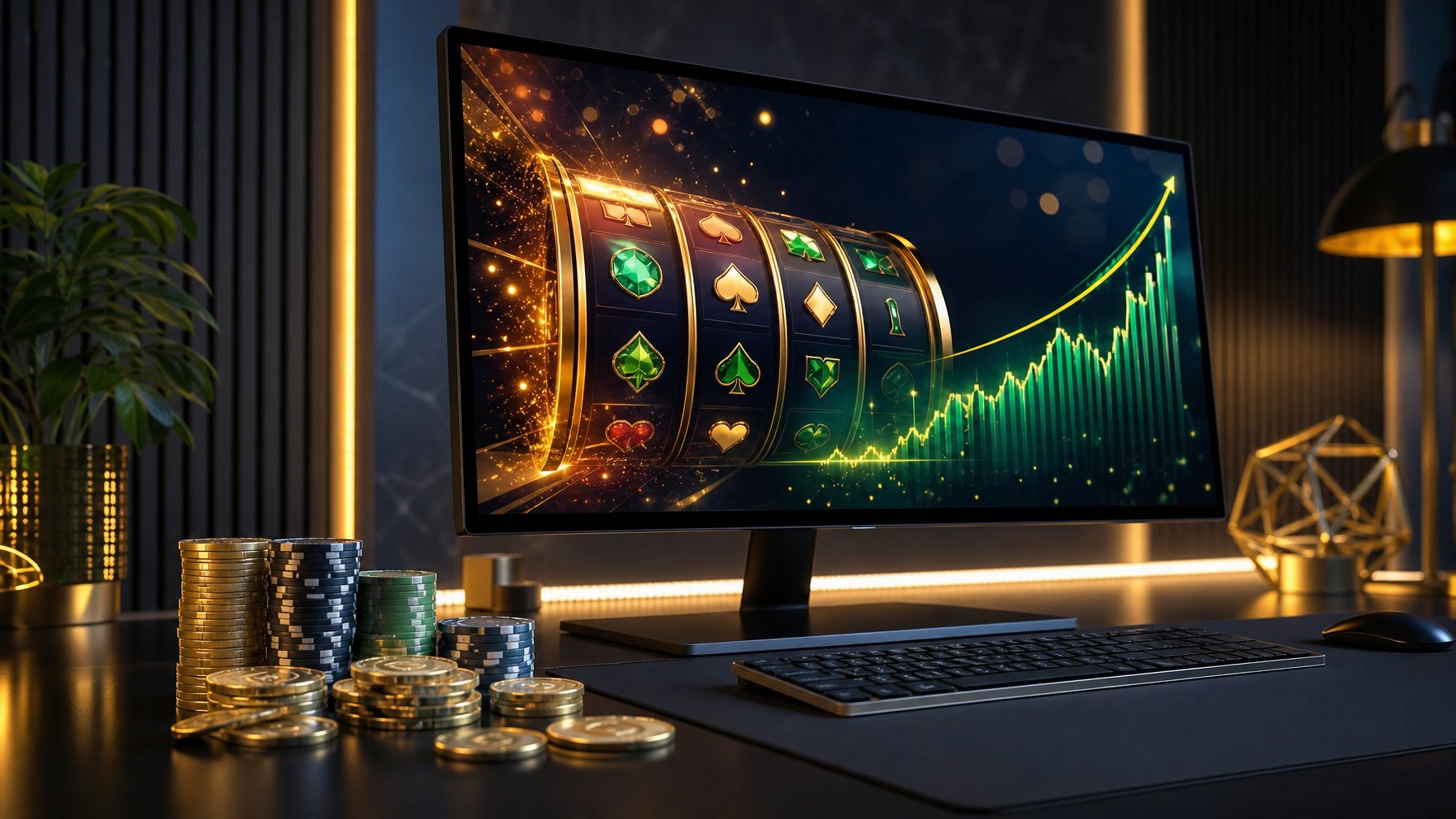 Monitor menampilkan permainan slot digital berwarna-warni di atas meja dengan koin dan chip kasino.