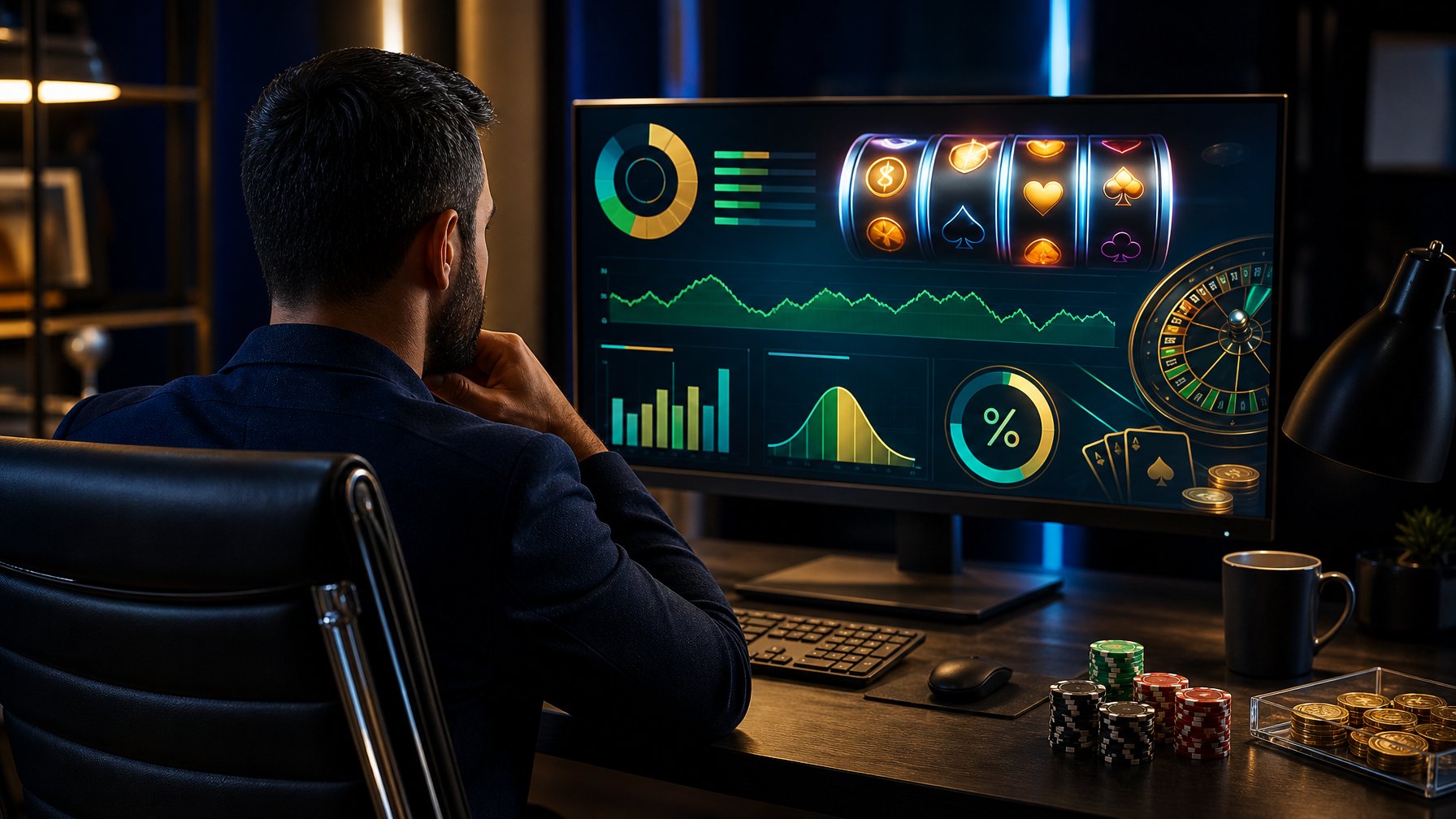 Seseorang menganalisis grafik abstrak dan permainan kasino digital di depan monitor.