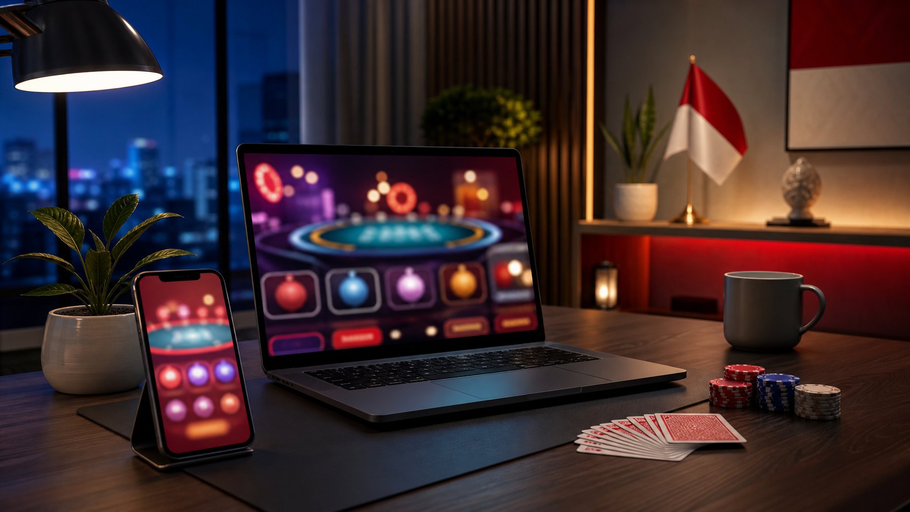 Laptop dan ponsel dengan tampilan abstrak bertema kasino di meja kerja modern, ditemani keping kasino dan kartu remi.