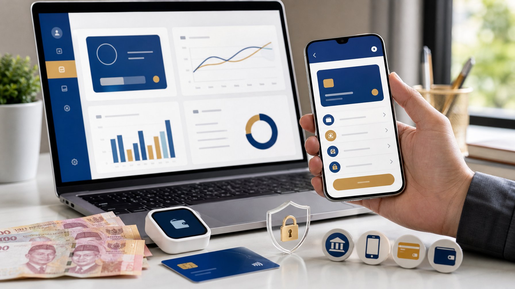 Laptop dan ponsel menampilkan antarmuka pembayaran digital dengan kartu debit, ikon keamanan, dan uang rupiah di atas meja.