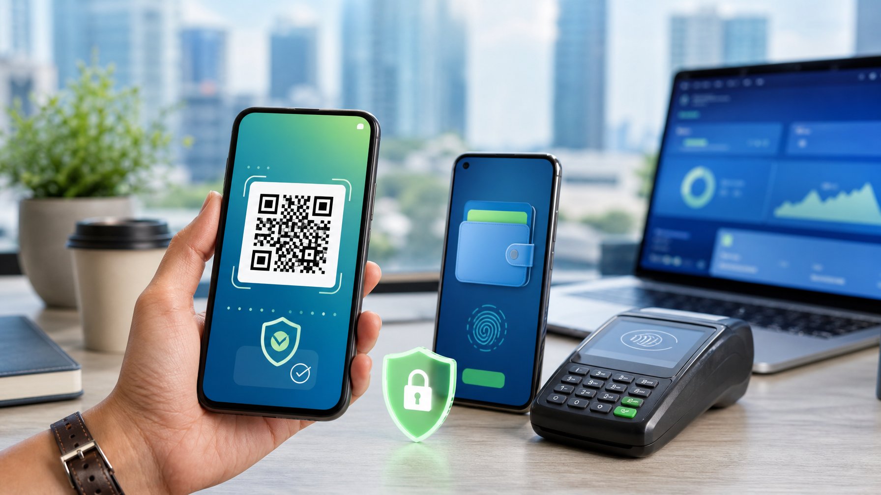 Ponsel menampilkan pembayaran QR dengan simbol keamanan dan dompet digital di atas meja modern.
