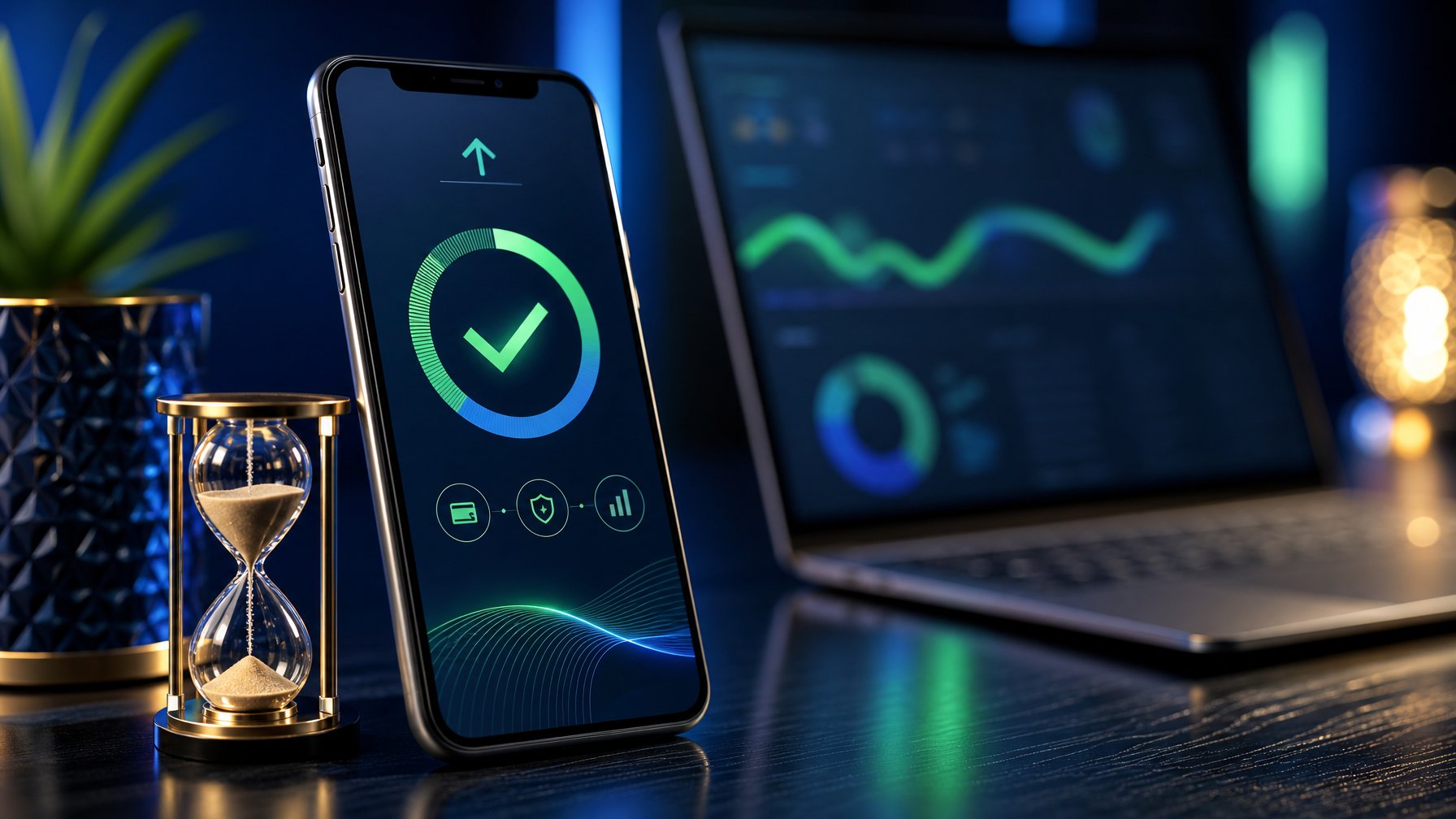 Ponsel menampilkan konfirmasi penarikan dana digital dengan laptop modern dan simbol waktu di meja.