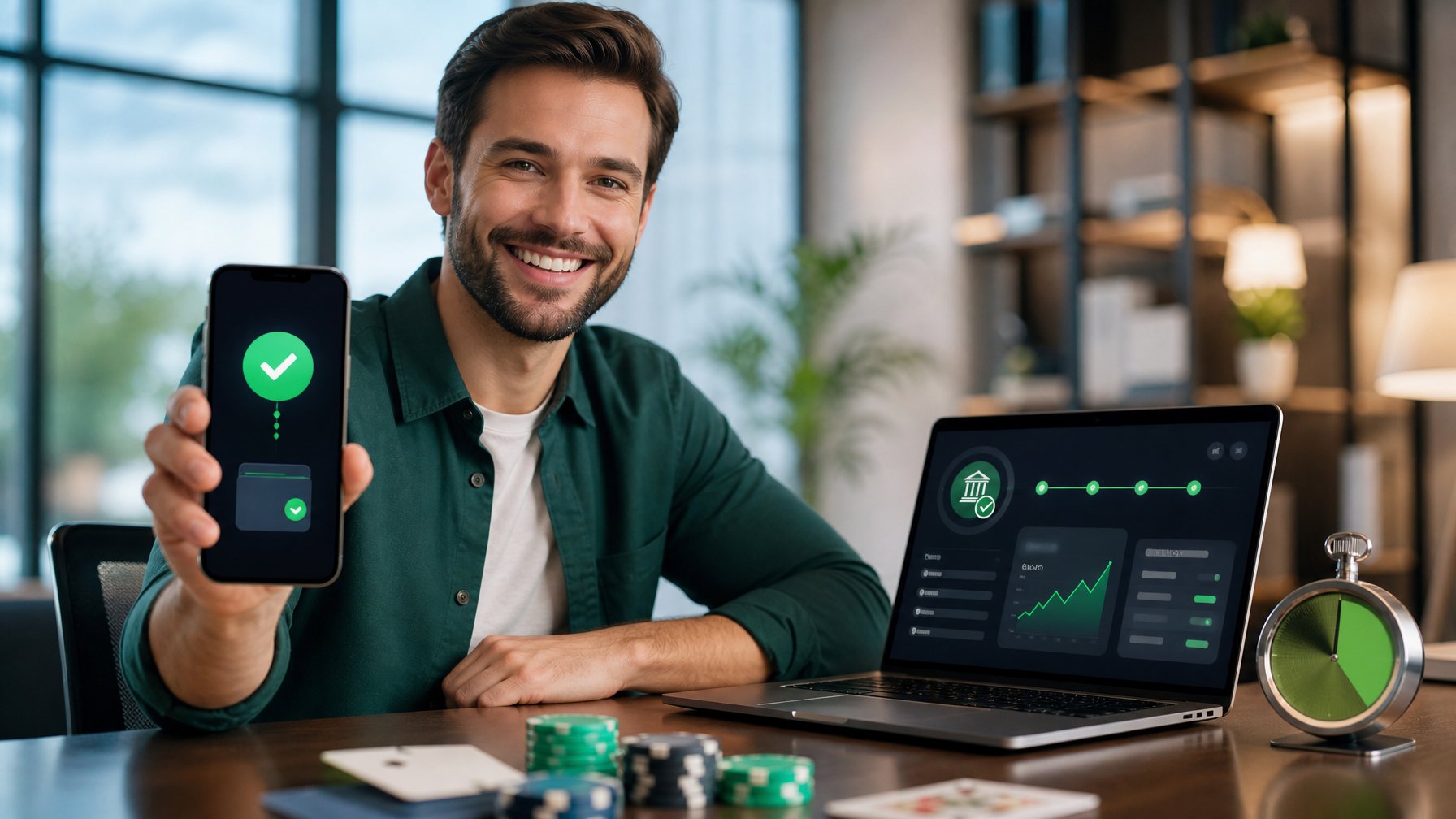 Pengguna memproses penarikan dana online melalui laptop dan ponsel di ruang kerja modern.