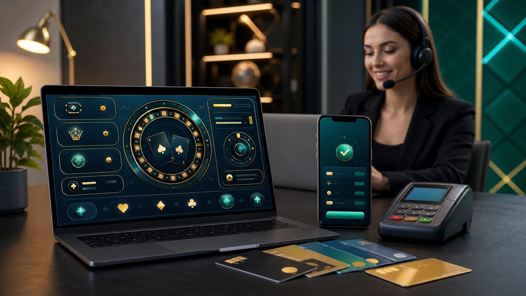 Petugas layanan pelanggan membantu transaksi perbankan melalui laptop dan ponsel di ruang kerja modern.