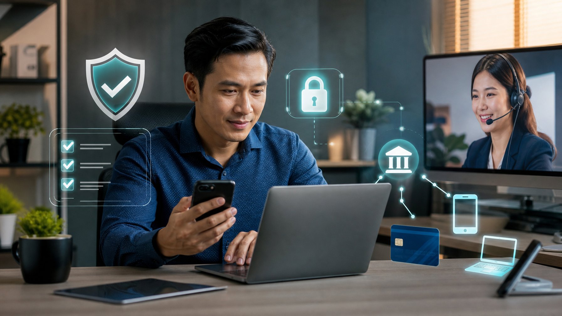 Profesional Indonesia memeriksa platform digital aman dengan simbol perlindungan dan koneksi transaksi perbankan.