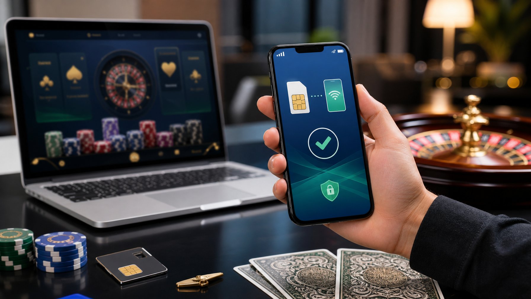 Ponsel menampilkan proses pembayaran digital di samping laptop dan perlengkapan kasino di meja modern.
