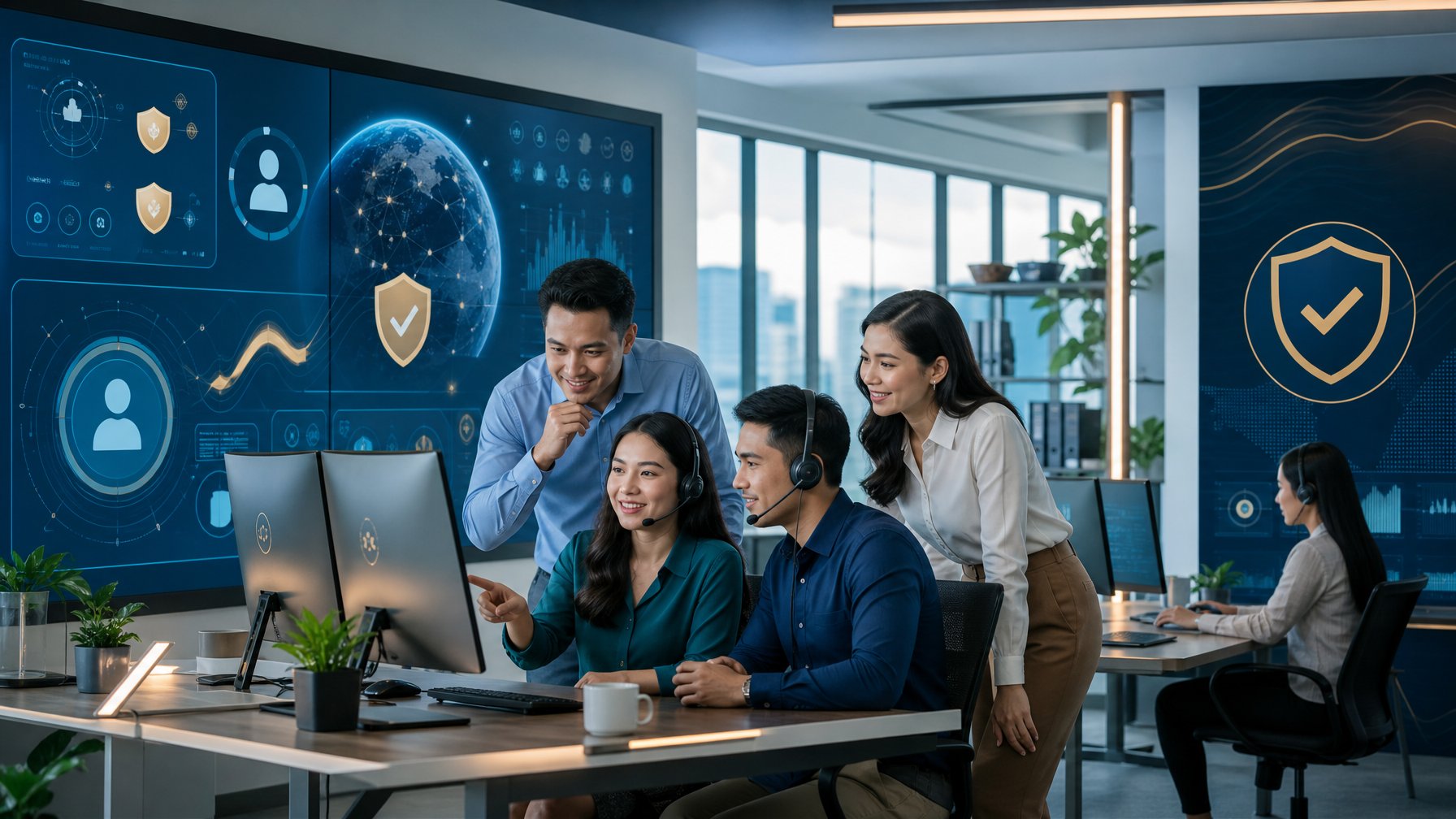 Tim profesional bekerja bersama di kantor modern dengan tampilan dasbor digital yang aman.