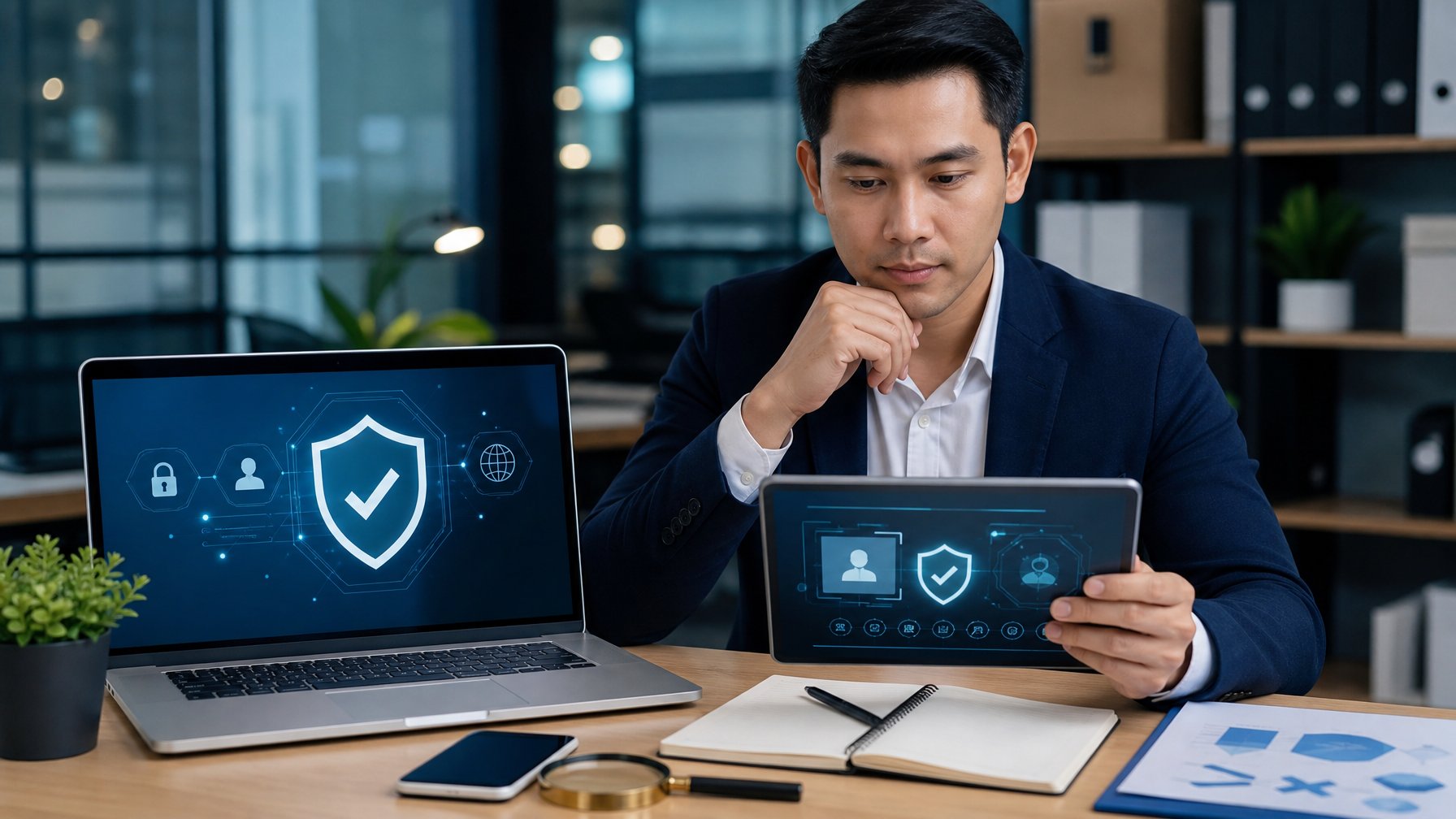 Seorang analis memeriksa keamanan dan verifikasi platform digital di ruang kerja modern.
