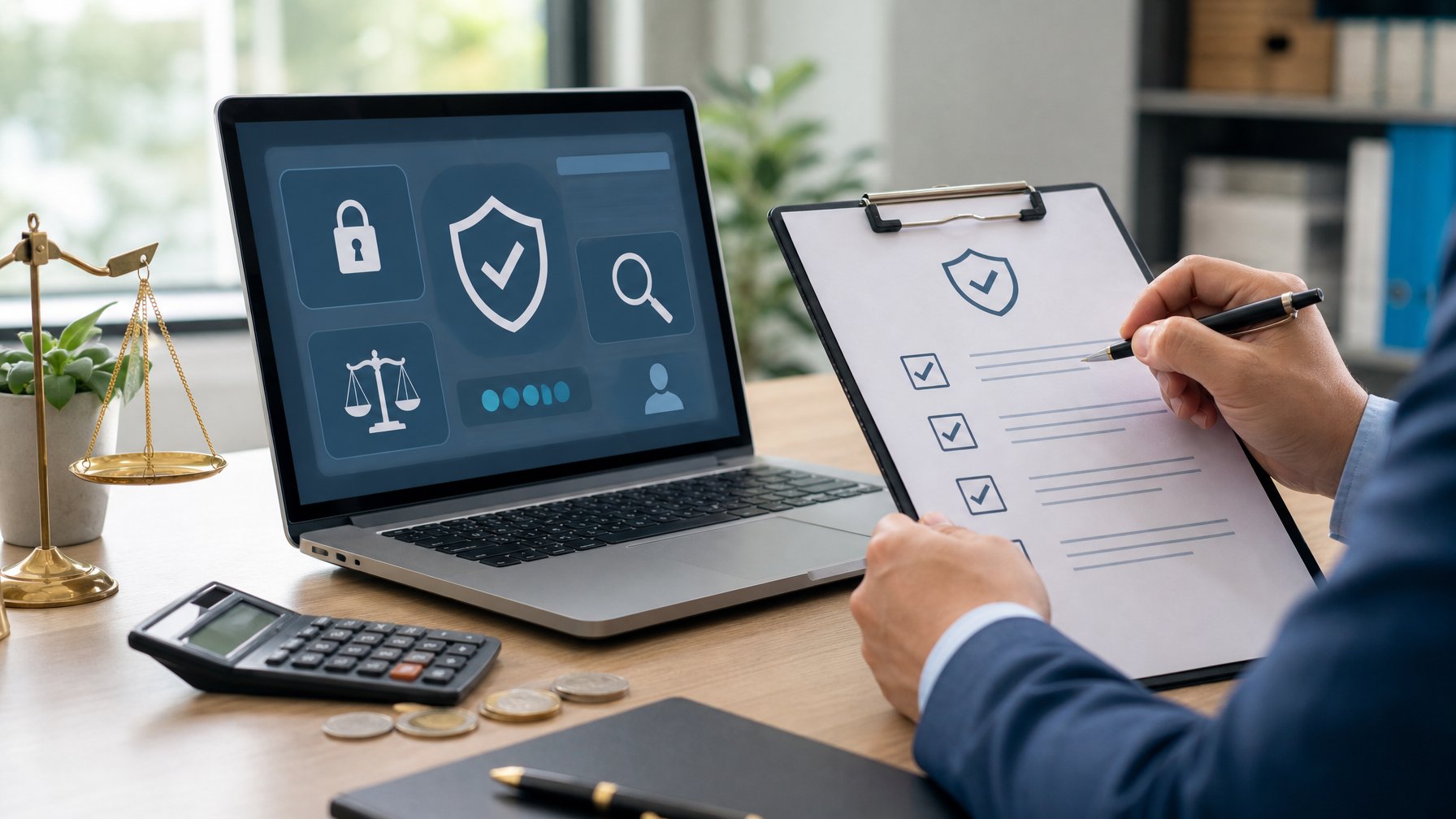 Analis keamanan memeriksa laptop dan daftar verifikasi dengan simbol perisai, gembok, dan timbangan di meja kerja.