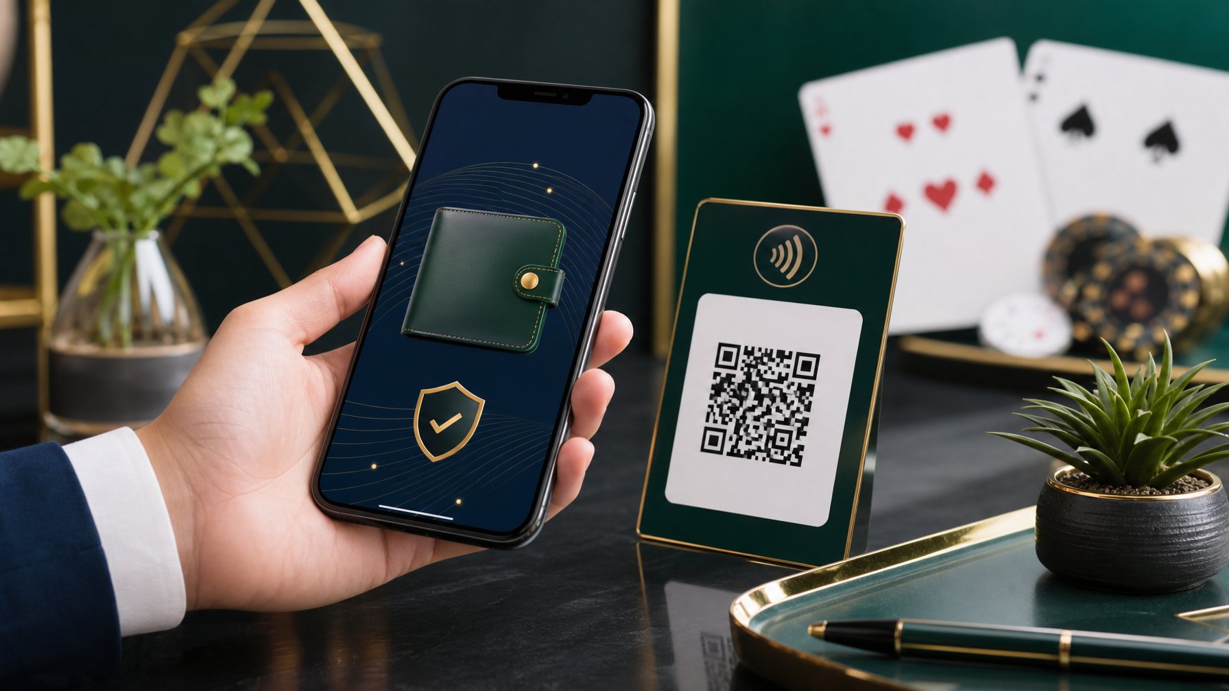 Ponsel menampilkan antarmuka pembayaran digital dengan simbol pembayaran QR di meja kerja modern.