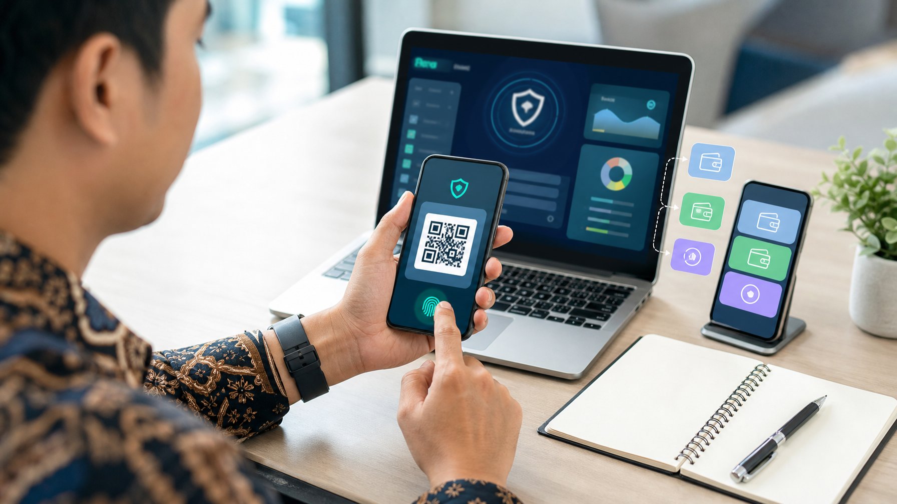 Seseorang menggunakan ponsel dan laptop untuk melakukan pembayaran digital melalui kode QR di meja kerja.