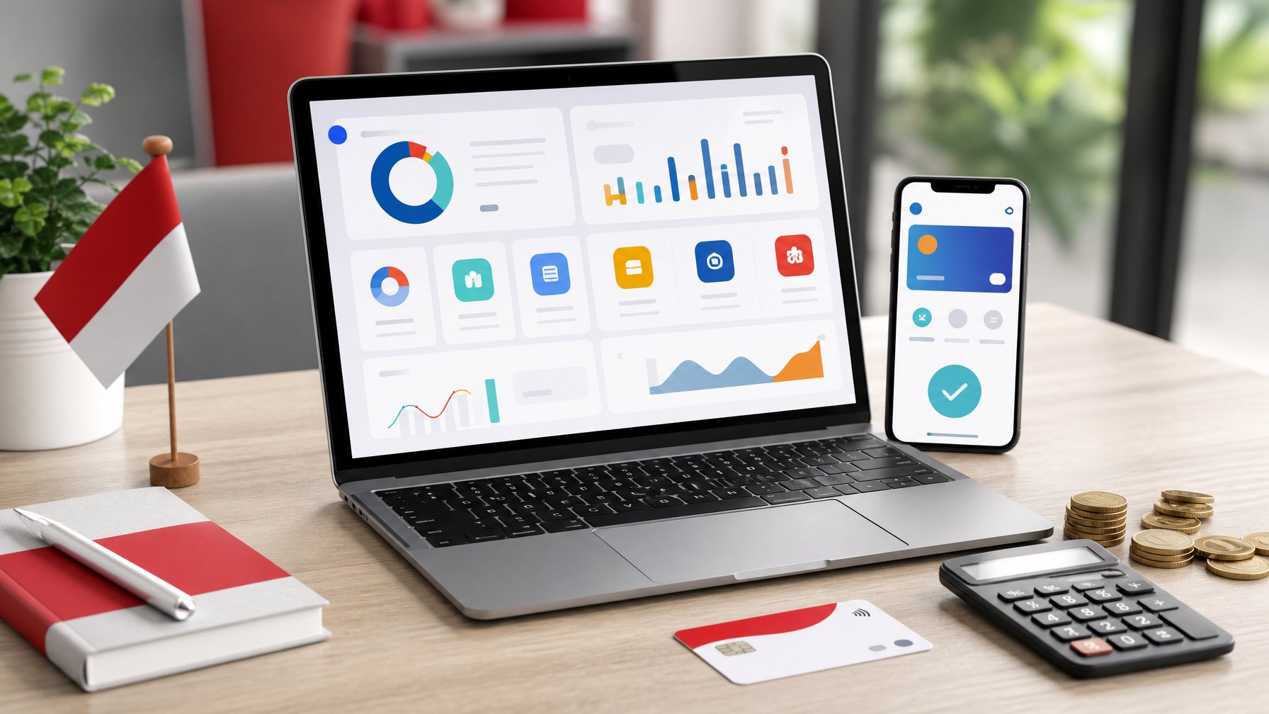 Laptop dan ponsel menampilkan antarmuka digital abstrak di atas meja kerja modern, dengan kalkulator, koin, dan kartu pembayaran.