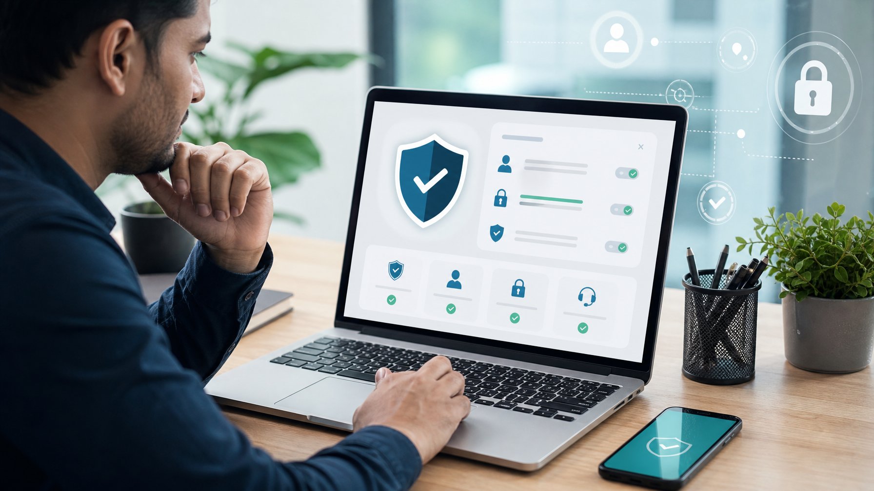 Orang dewasa meninjau platform digital aman di laptop dengan simbol perisai dan gembok di meja kerja.