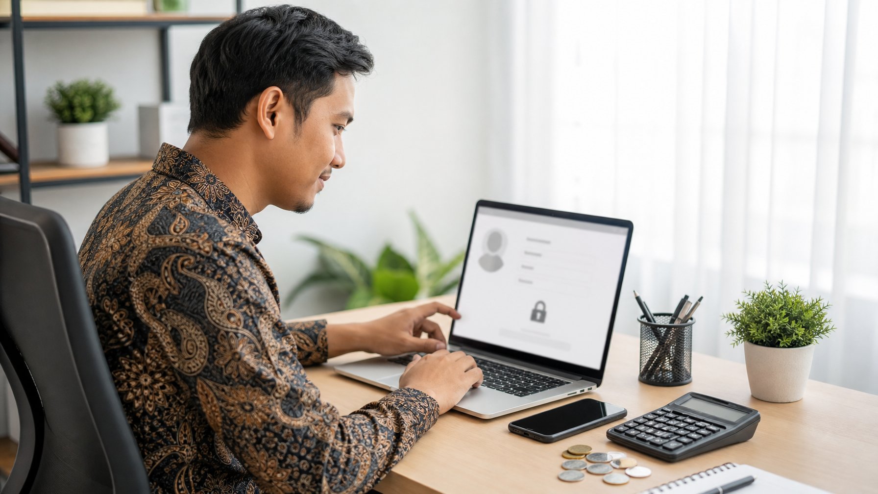 Orang dewasa menggunakan laptop untuk mendaftar akun daring di meja kerja, dengan ponsel, kalkulator, dan beberapa koin di sampingnya.