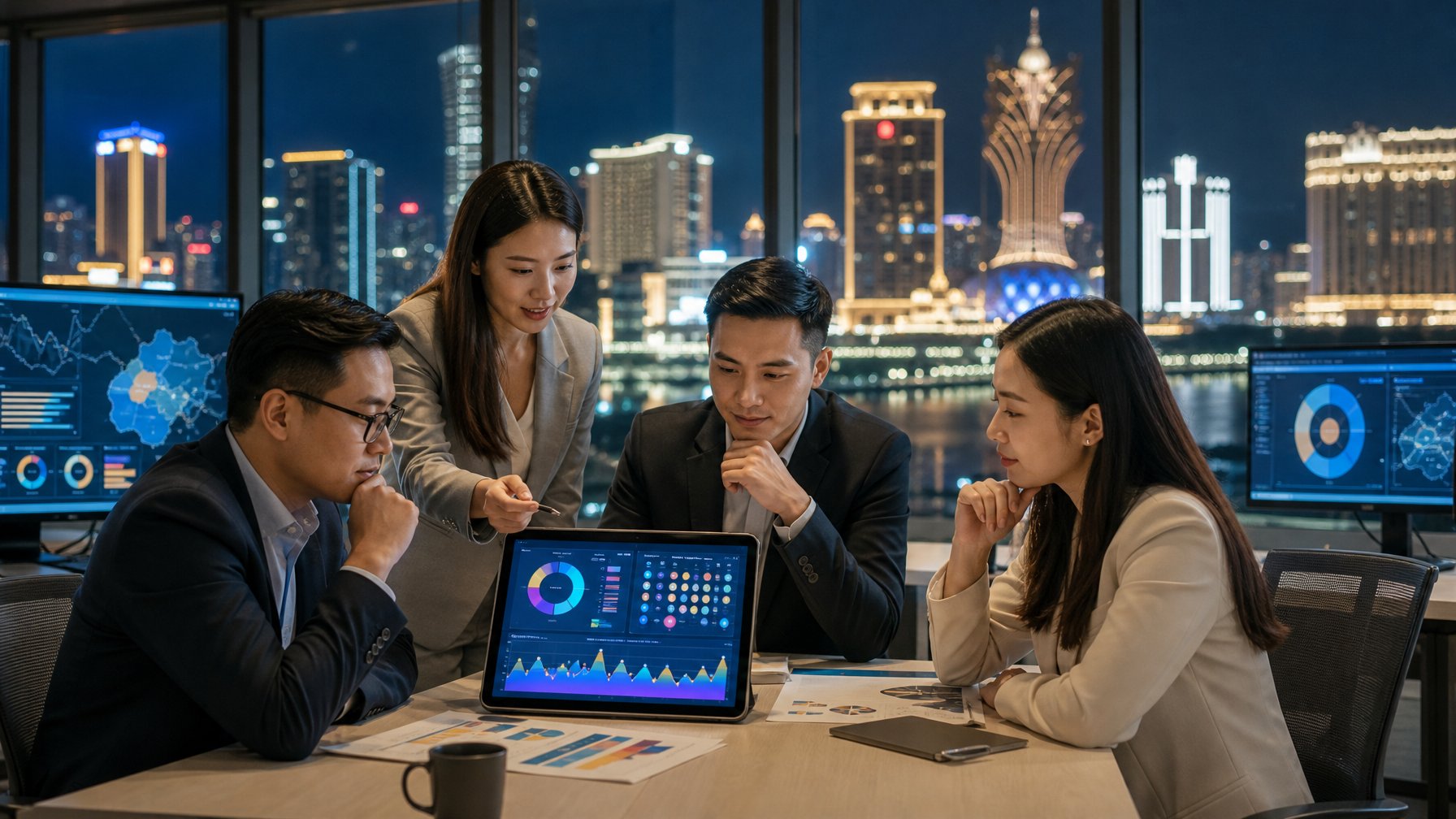 Analis profesional meninjau data hasil undian digital dengan latar kota Macau pada malam hari.