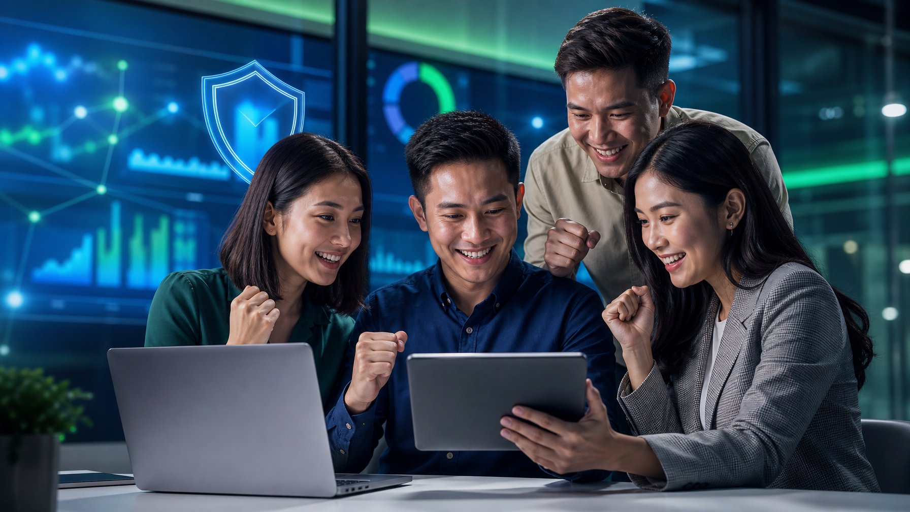 Sekelompok profesional bekerja bersama di ruang kantor modern sambil melihat data digital pada perangkat.