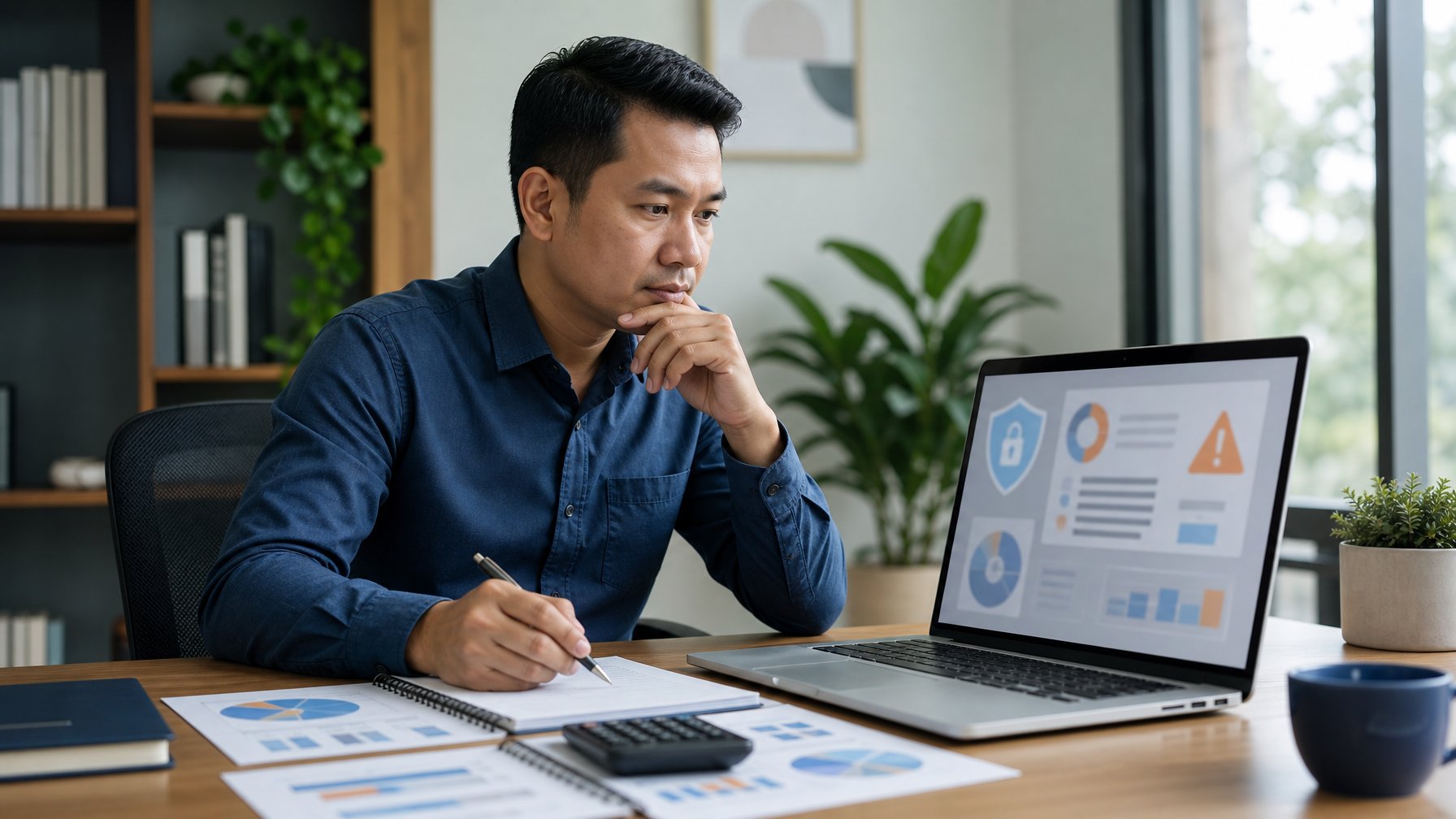 Seorang profesional meninjau informasi permainan daring dan keamanan digital di meja kerja dengan laptop, catatan, dan kalkulator.