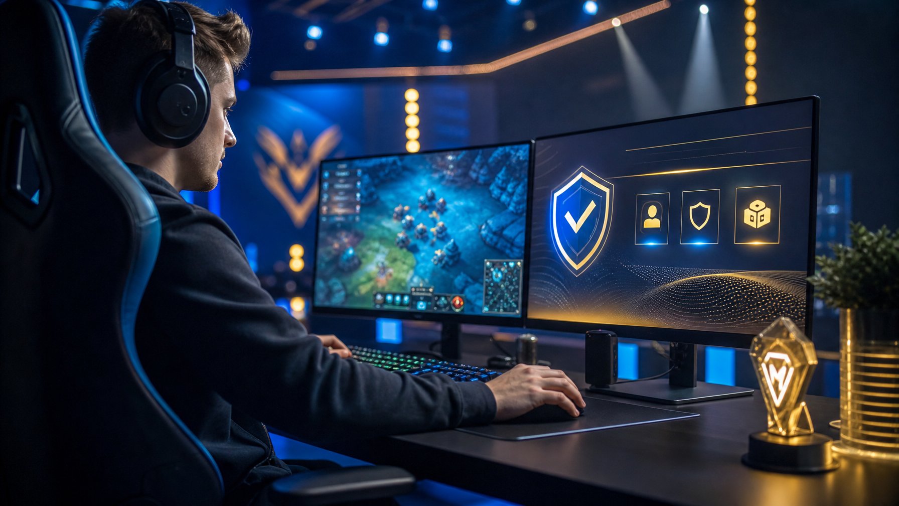 Gamer dewasa bermain di arena esports modern dengan layar dan elemen keamanan digital.