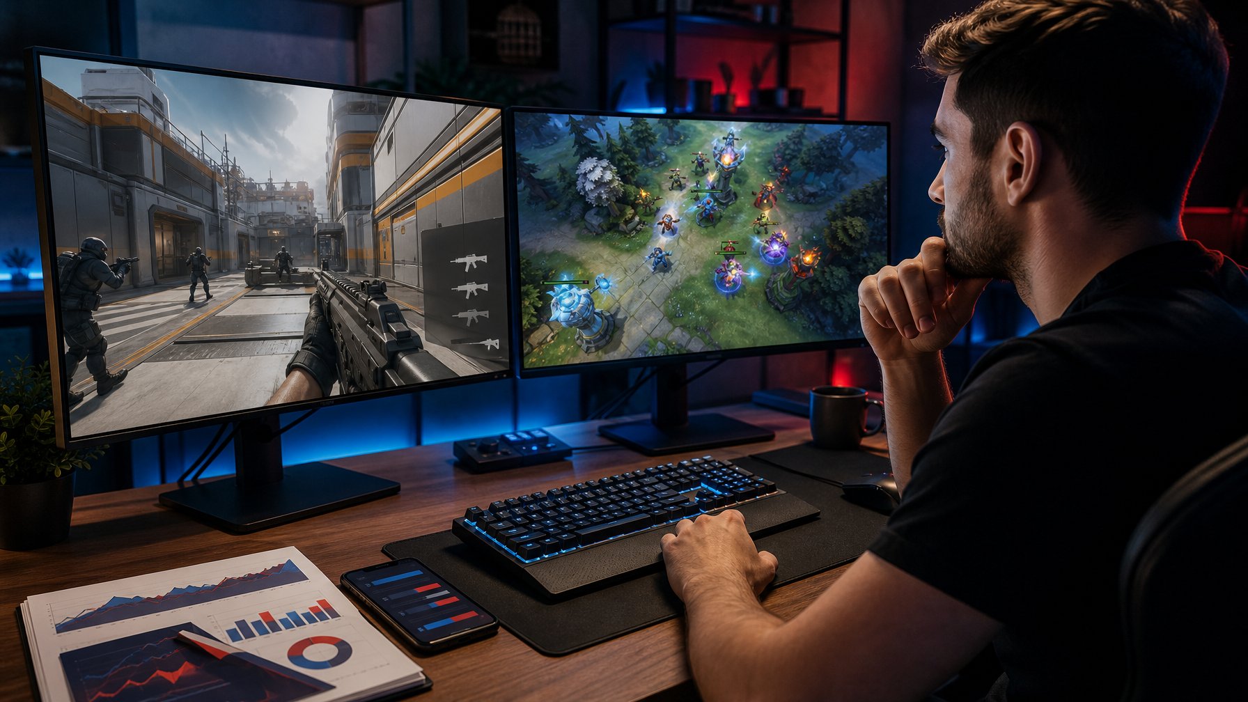 Analis esports mengamati dua monitor yang menampilkan pertandingan gim kompetitif di ruang kerja modern.