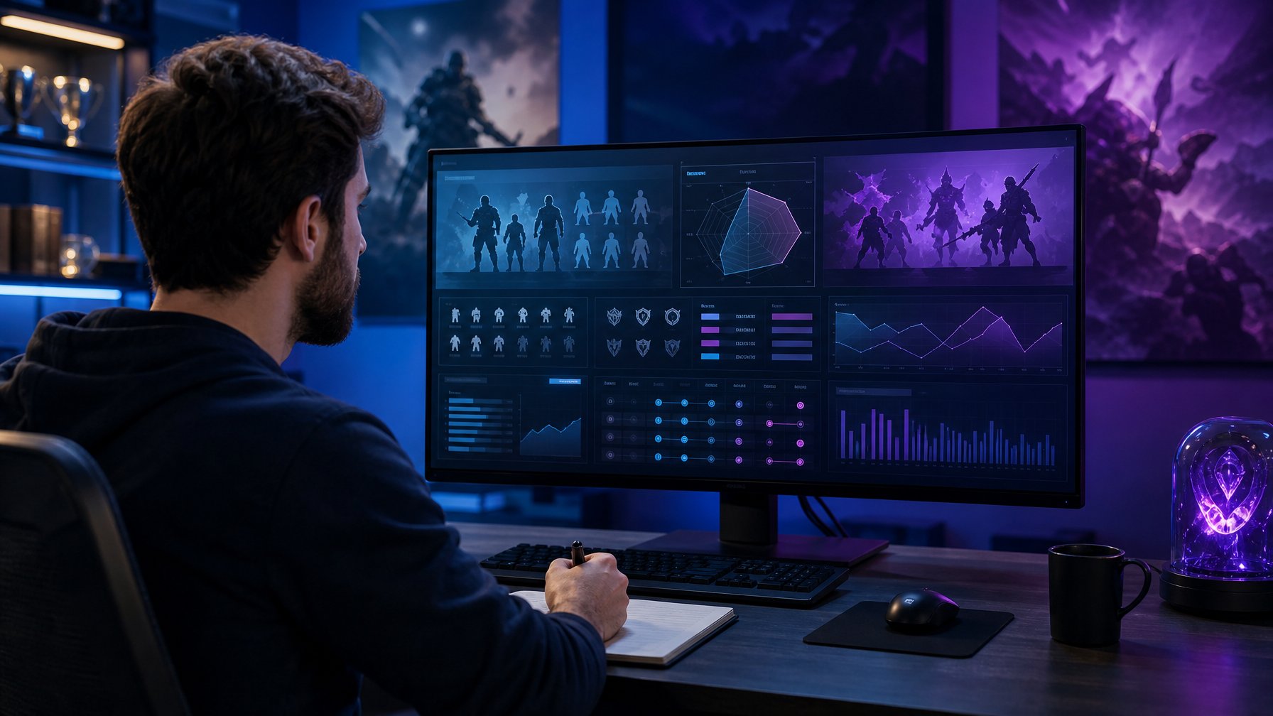 Analis esports meninjau data pertandingan gim kompetitif pada monitor di ruang kerja modern.