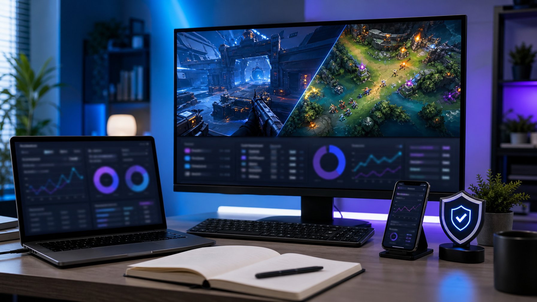 Ruang kerja analis esports dengan monitor yang menampilkan visual abstrak permainan kompetitif dan simbol keamanan.