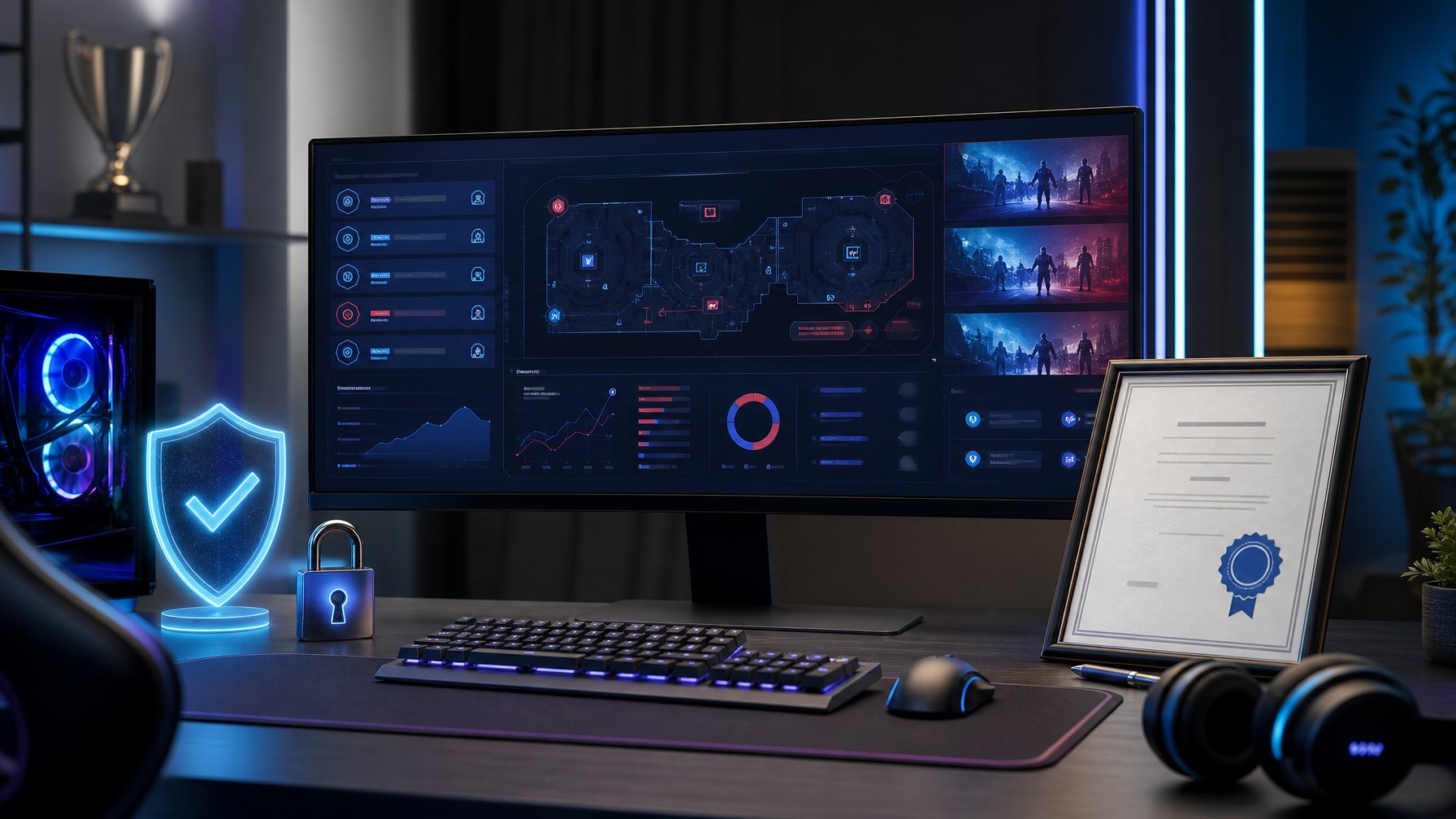 Meja kerja esports dengan monitor, simbol perisai, gembok, dan dokumen lisensi yang melambangkan keamanan serta legalitas platform.