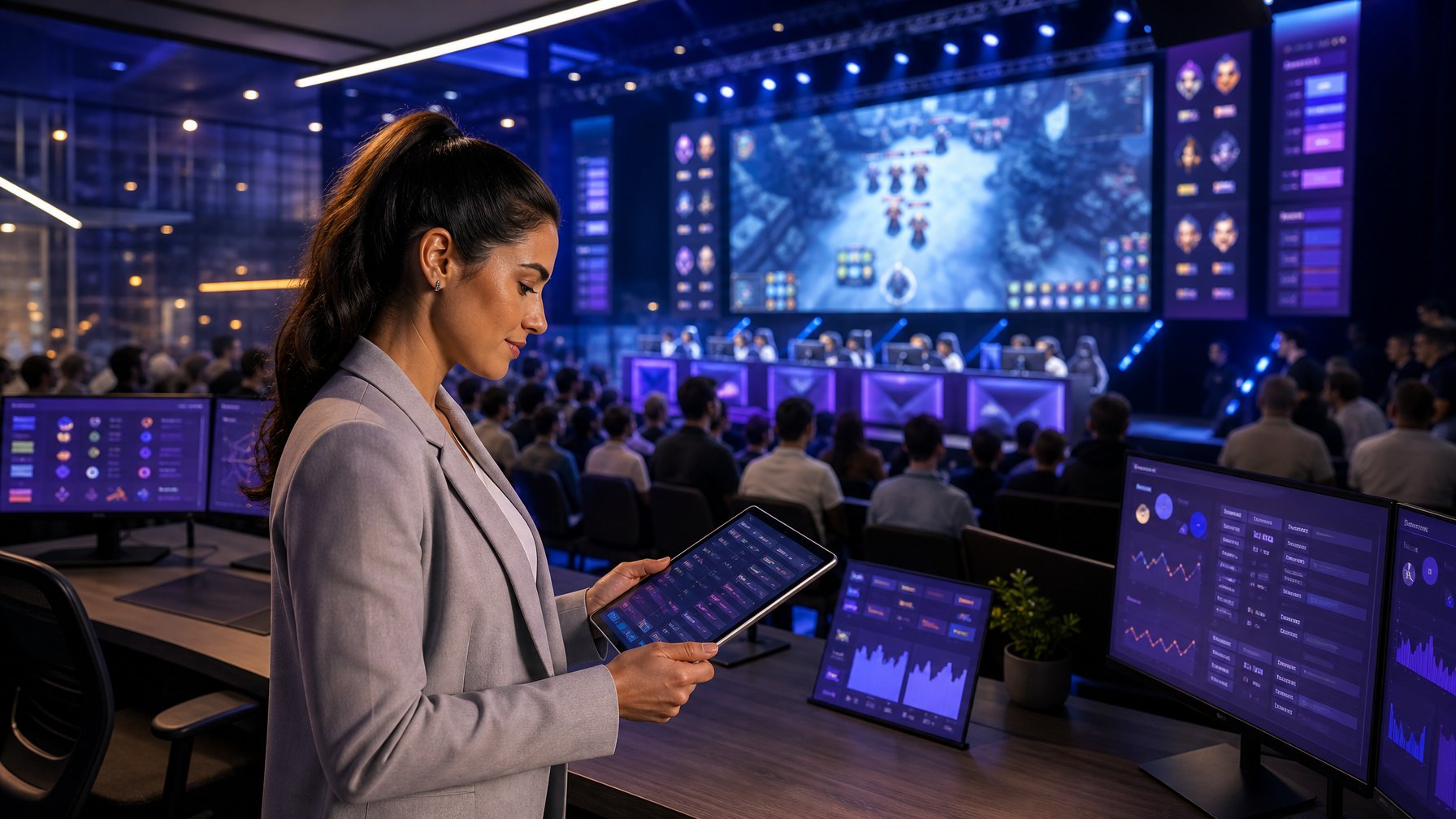 Orang dewasa mengamati pertandingan esports dan analisis data di ruang arena digital modern.
