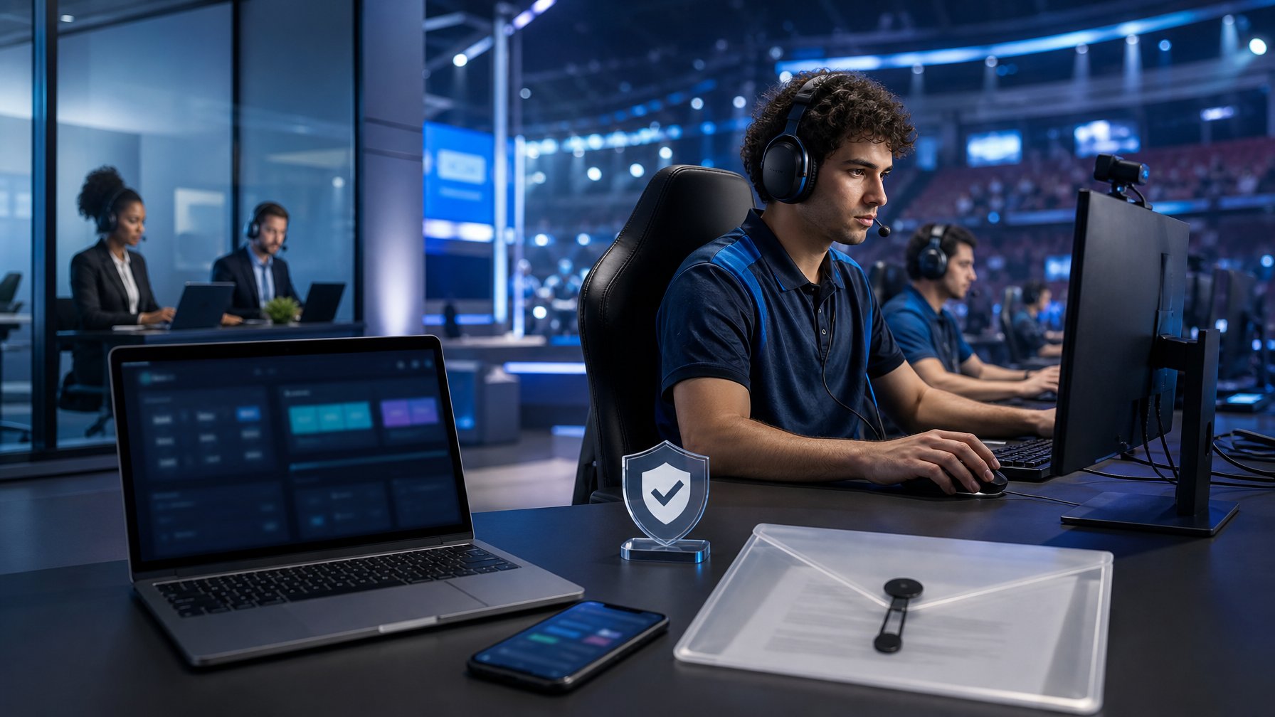 Pemain esports dewasa berada di depan komputer dalam lingkungan kompetisi modern dengan elemen verifikasi dan perlindungan pengguna.
