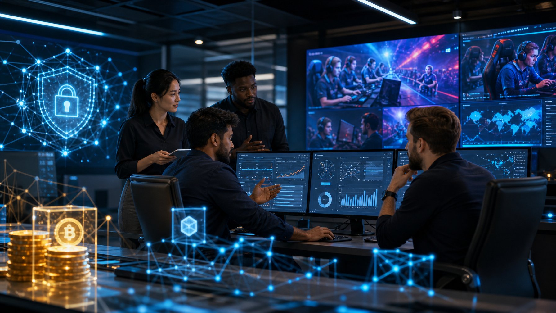 Analis esports memantau pertandingan dan data blockchain pada beberapa layar di ruang kerja modern.