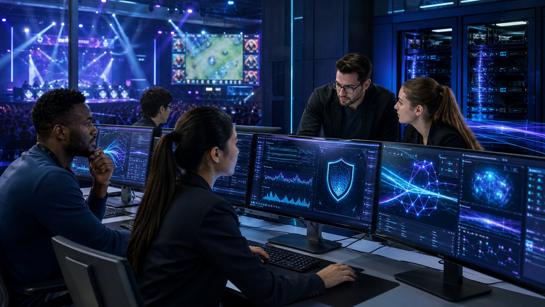 Profesional teknologi memantau analitik pertandingan esports dan konektivitas digital di ruang kerja modern.