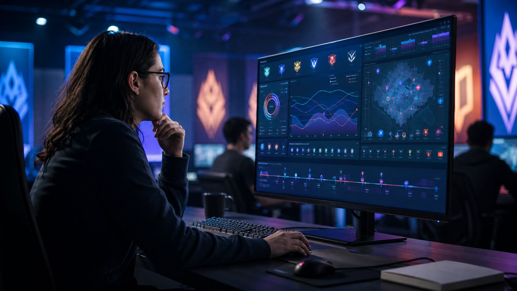 Seorang analis mempelajari data pertandingan esports pada monitor di ruang kerja modern.